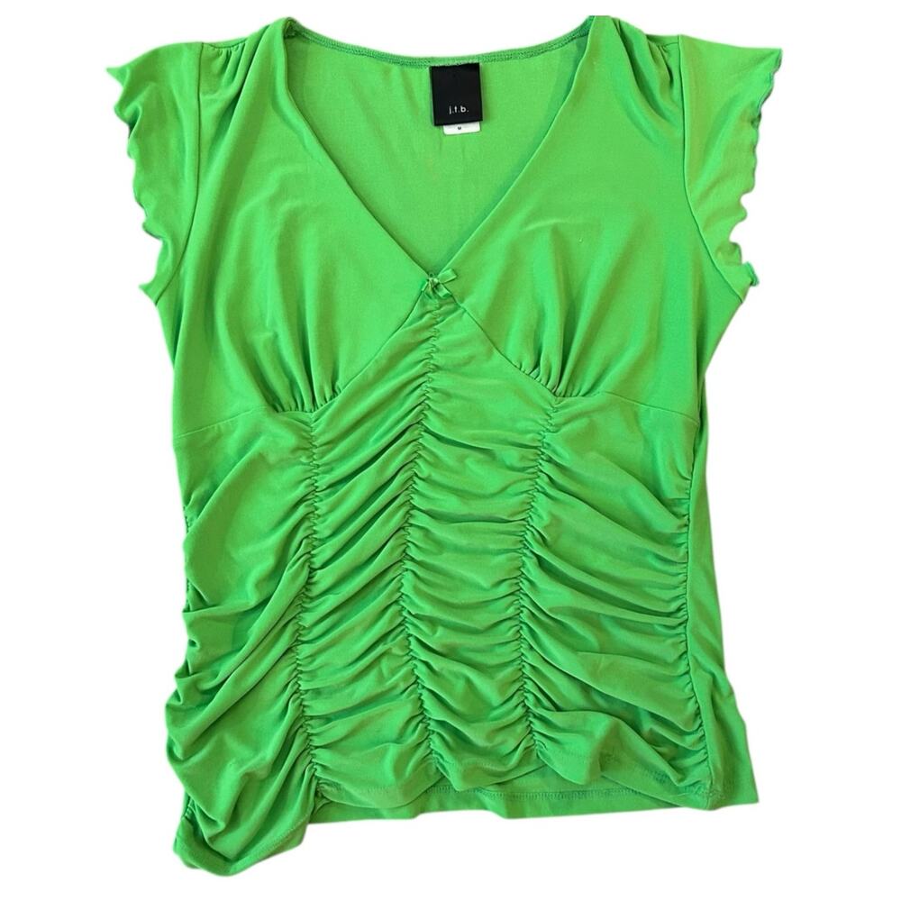 Y2K Stretchy Cap Sleeve Blouse Womens Medium Textured Lettuce Hem Trim Green
